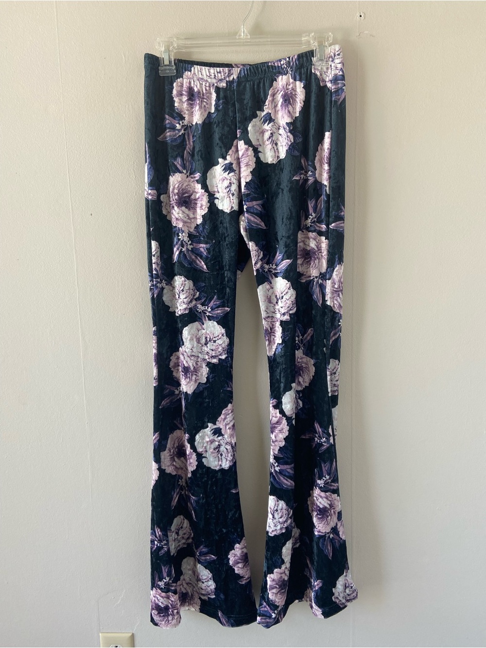 Moody velvet black flare pants floral print size large Whimsigoth dark romantic